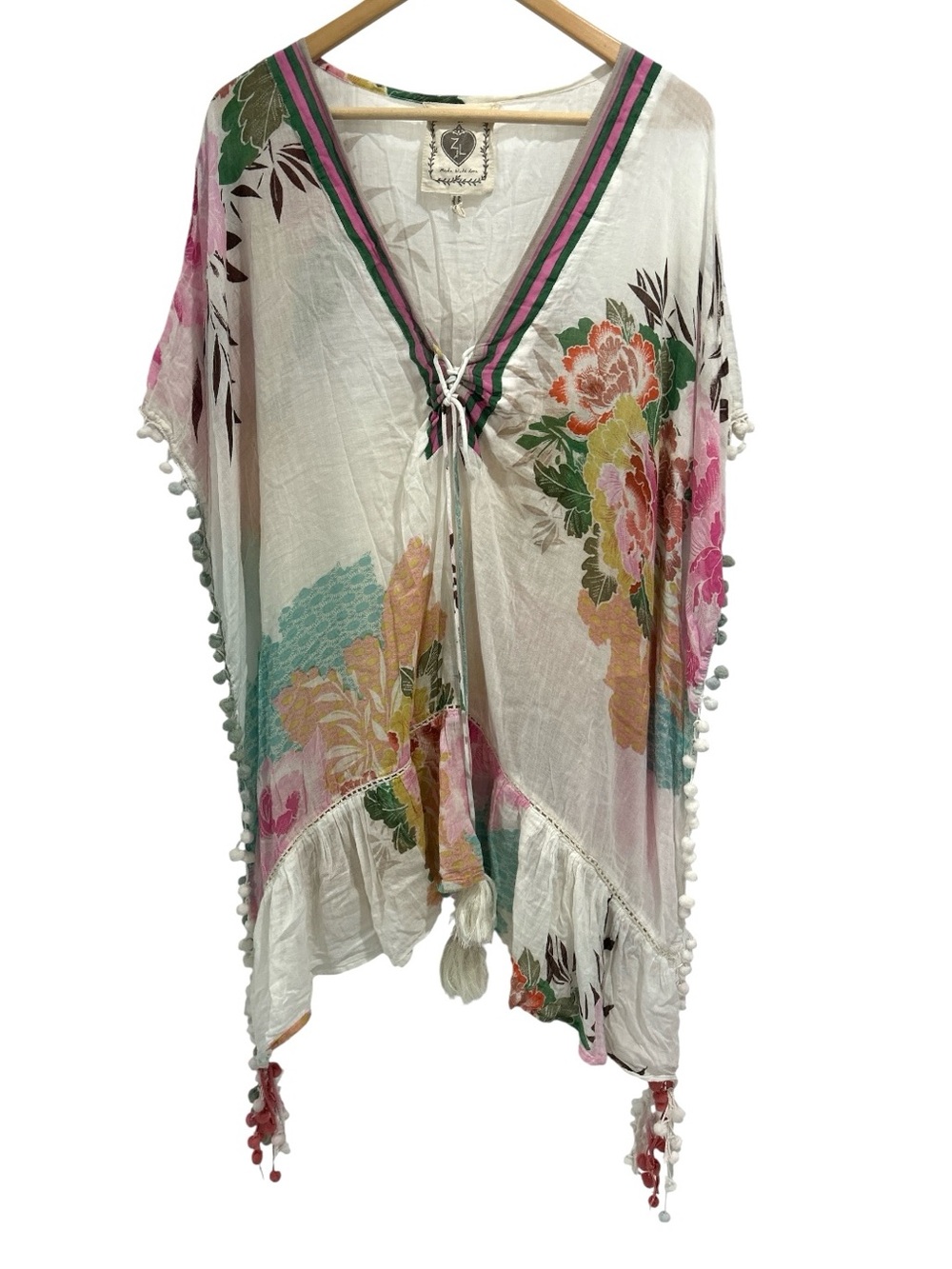 Z&L Europe Floral Botanical Cotton Kaftan Poncho Swim Cover Up Pom Pom Trim O/S